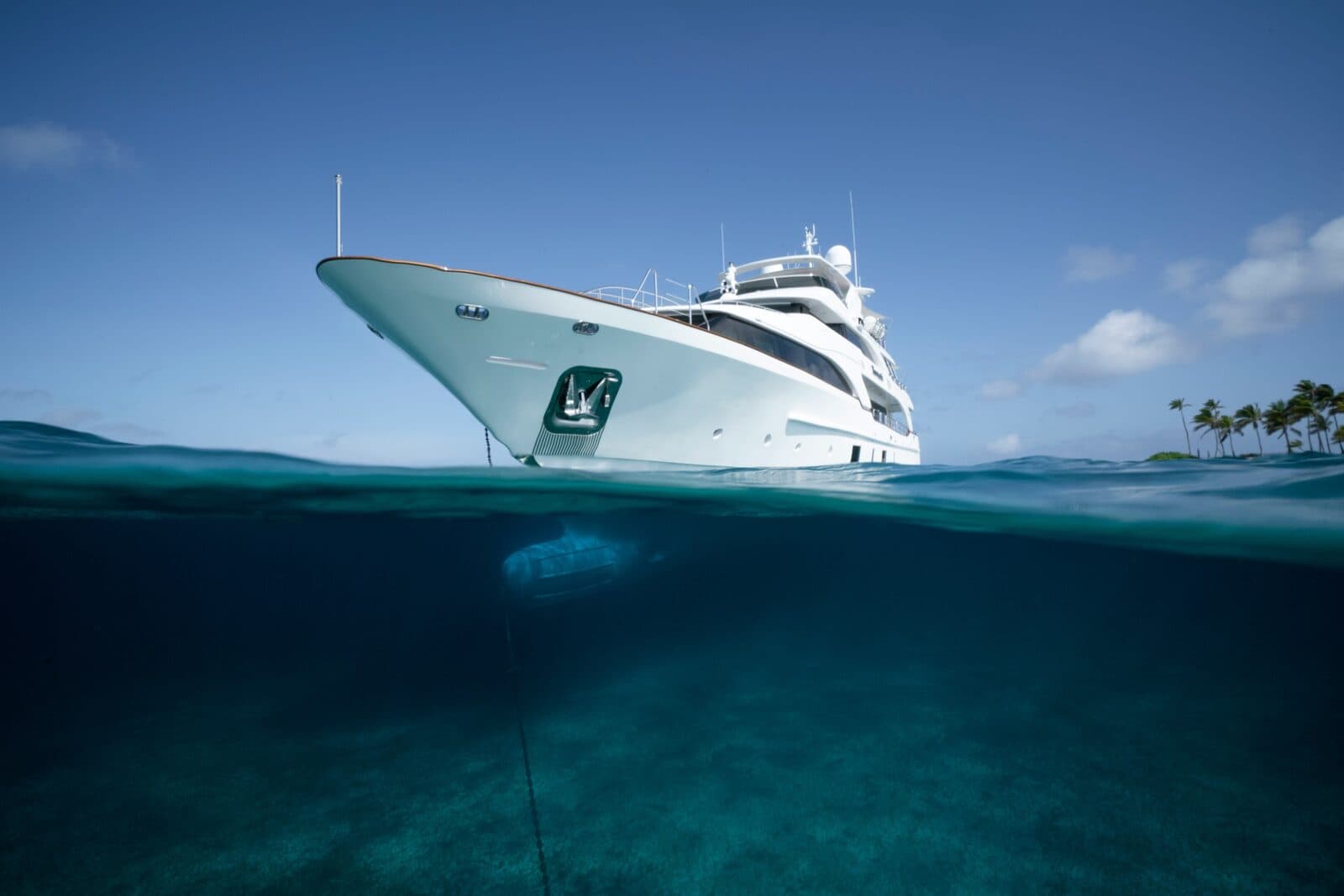 Luxury yacht anchored in clear Caribbean waters